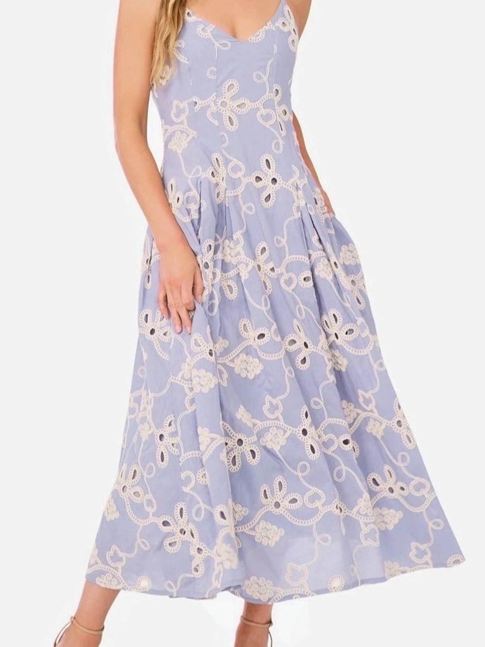 CeCe Embroidered Godet Pleat Cotton A-Line Midi Dress Blue XL